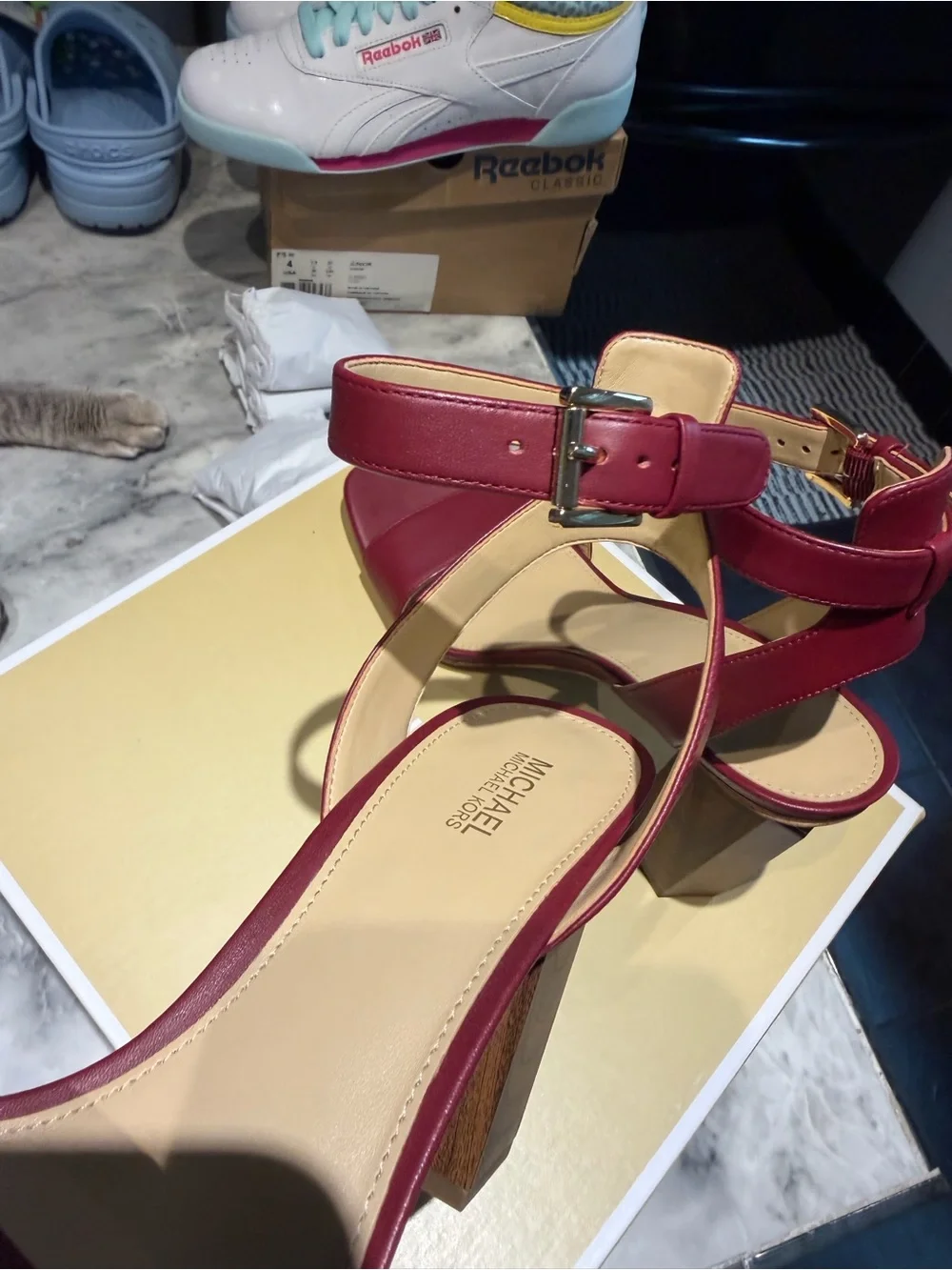 Michael Kors Burgundy Ankle-Strap Block Heel Sandals maroon color